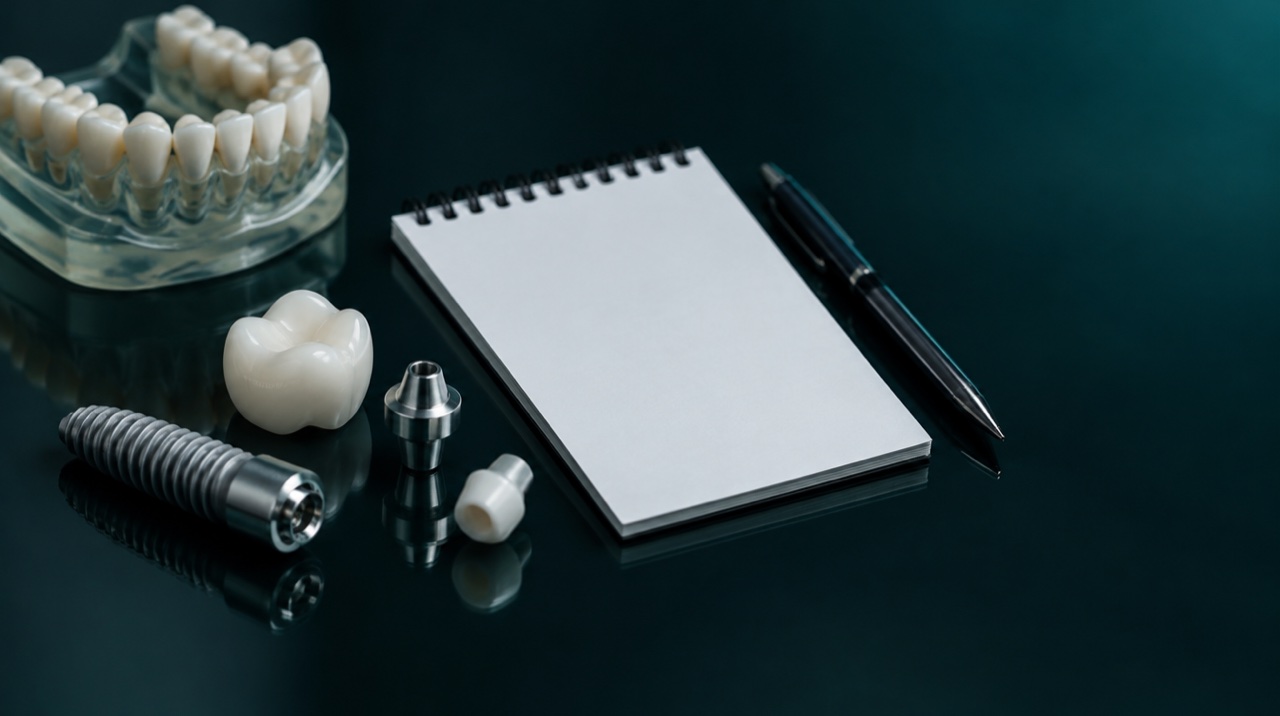 Komponen implan gigi titanium dan mahkota keramik dengan notepad kosong