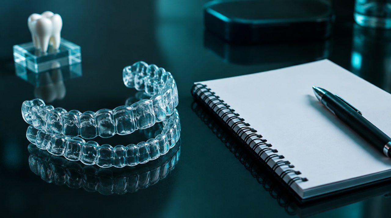 Aligner bening, notepad kosong, dan pulpen untuk persiapan konsultasi