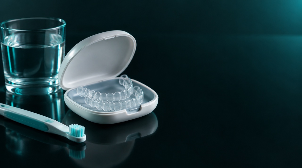 Aligner bening di dalam case terbuka dengan sikat gigi dan segelas air