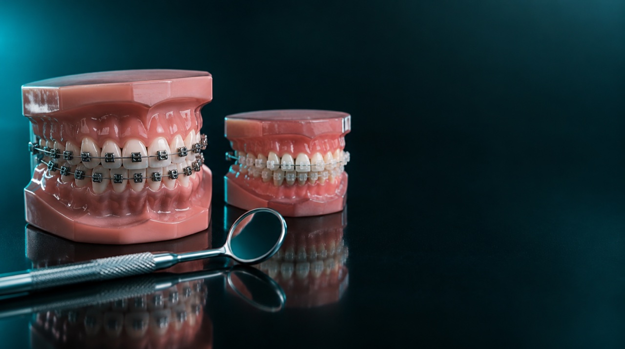 Dua model gigi berbehel: bracket logam dan bracket warna gigi, dengan cermin dental