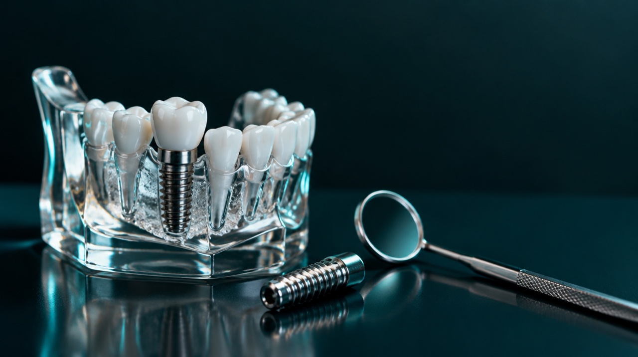 Model rahang bening dengan implan gigi titanium dan mahkota putih di samping cermin dental