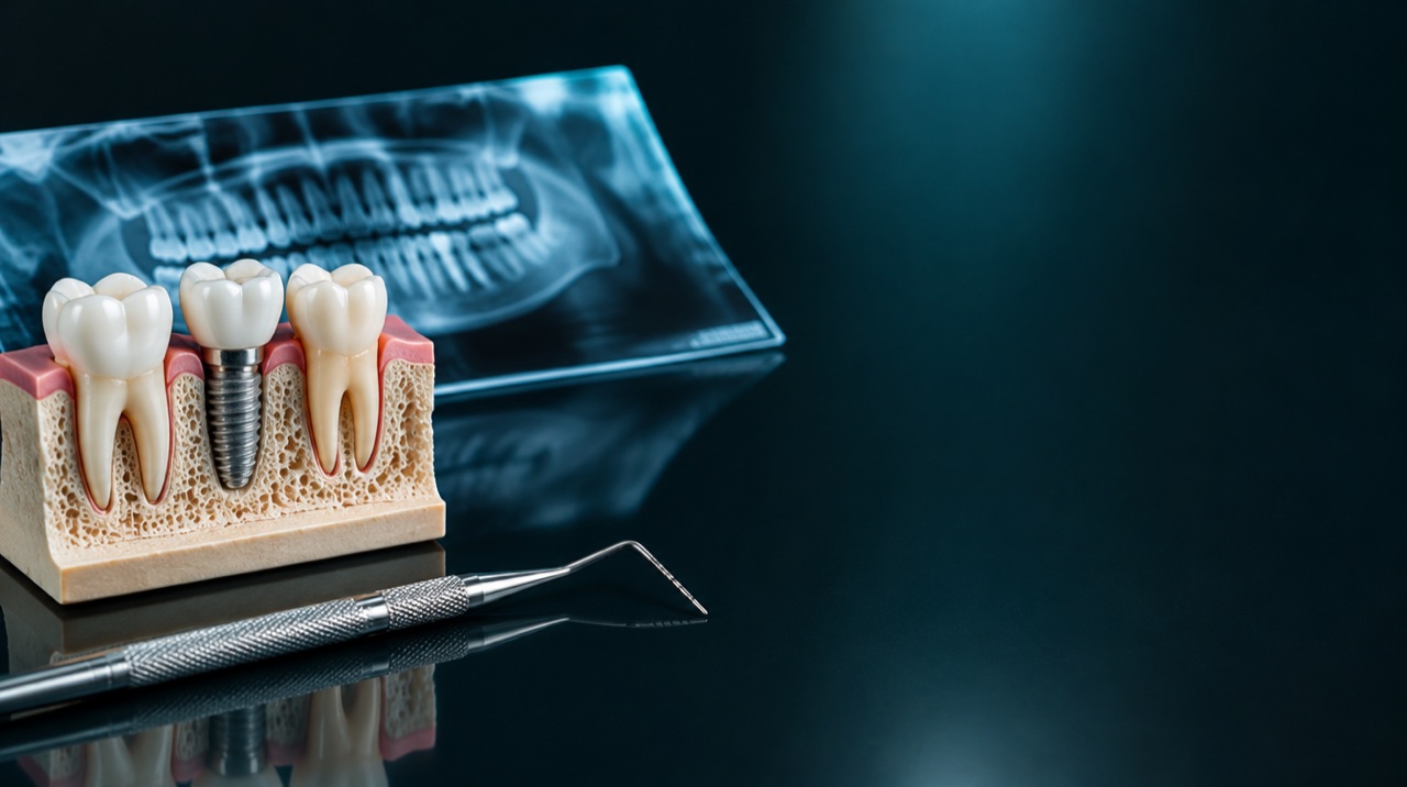Potongan model tulang rahang dengan implan, rontgen panoramik, dan probe periodontal