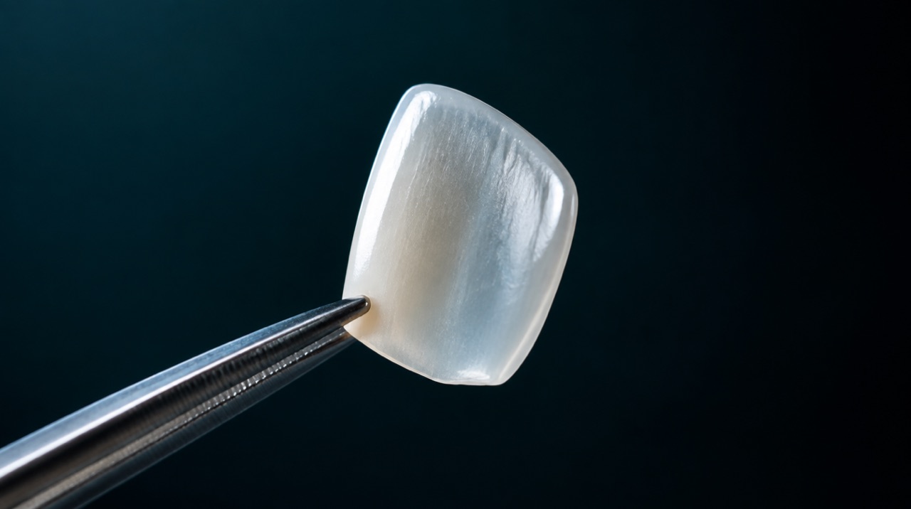 Ilustrasi AI: cangkang veneer porselen tipis dijepit pinset dental